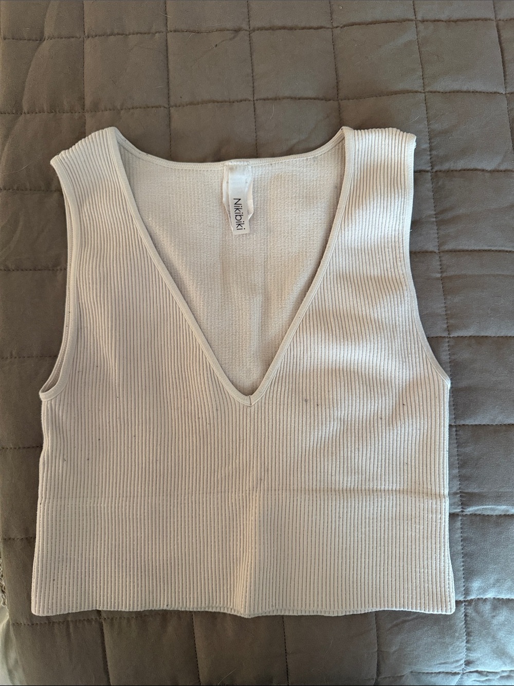 Nikibiki Cream Ribbed V-Neck Crop Tank